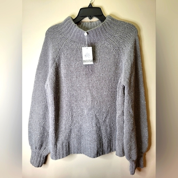 NWT Mudpie small gray mock neck bishop sleeves - Picture 1 of 13